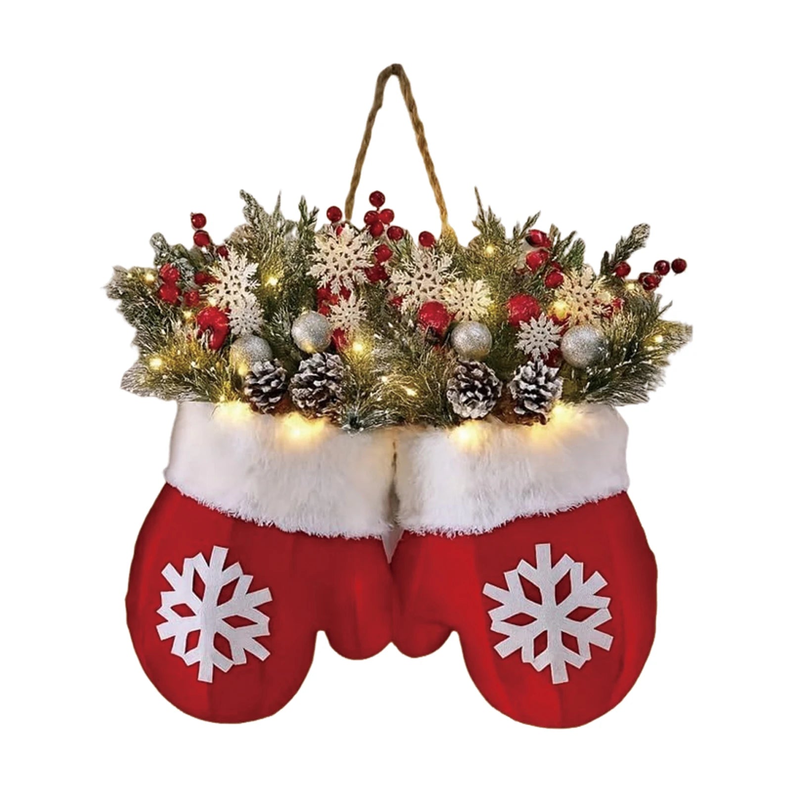 Glove-shaped Christmas garland wreath with greenery, pine cones, berries, snowflakes and warm lights for door or window decor.