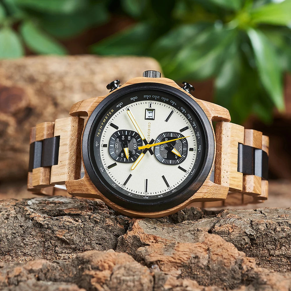 Bobo Bird Wood Watch For Men Luxury Chronograph Auto Date