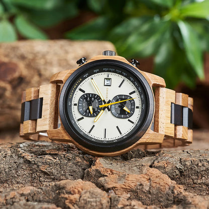 Bobo Bird Wood Watch For Men Luxury Chronograph Auto Date