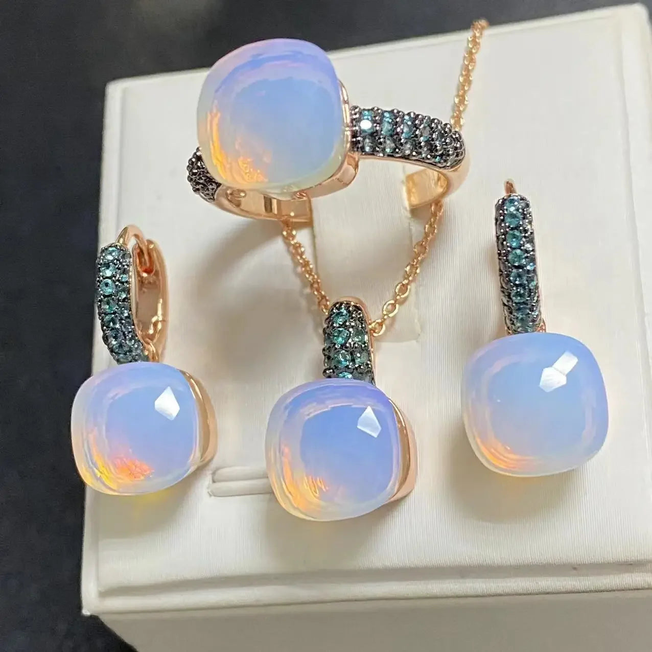 Gun Black Plated Blue Zircon Jewelry Set for Women Includes Ring Earrings Necklace Elegant Crystal Blue Topaz Gift