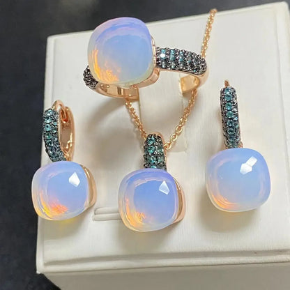 Gun Black Plated Blue Zircon Jewelry Set for Women Includes Ring Earrings Necklace Elegant Crystal Blue Topaz Gift