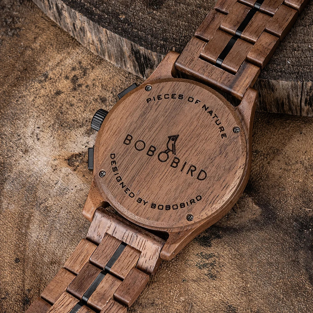 Bobo Bird Mens Wooden Chronograph Watch With Luminous Hands