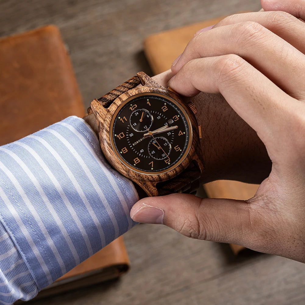 Bobo Bird Mens Wooden Chronograph Watch With Luminous Hands