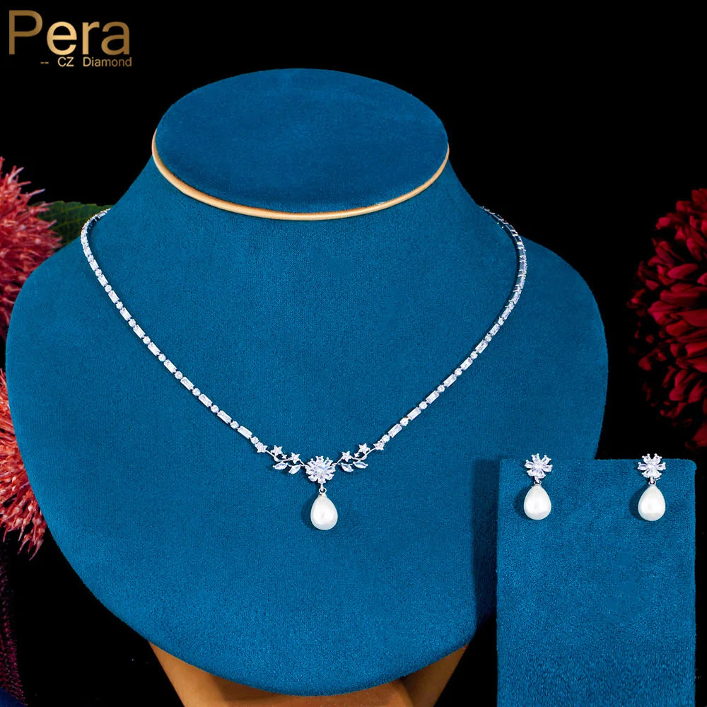 Pera Elegant Flower Pearl Drop Pendant Necklace And Earrings Jewelry Set Cubic Zirconia For Women J071