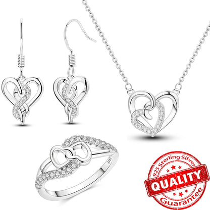 Romantic 925 Sterling Silver Heart Infinity Wrap Ring Necklace Earrings Set Crystal Jewelry Engagement Date Gifts