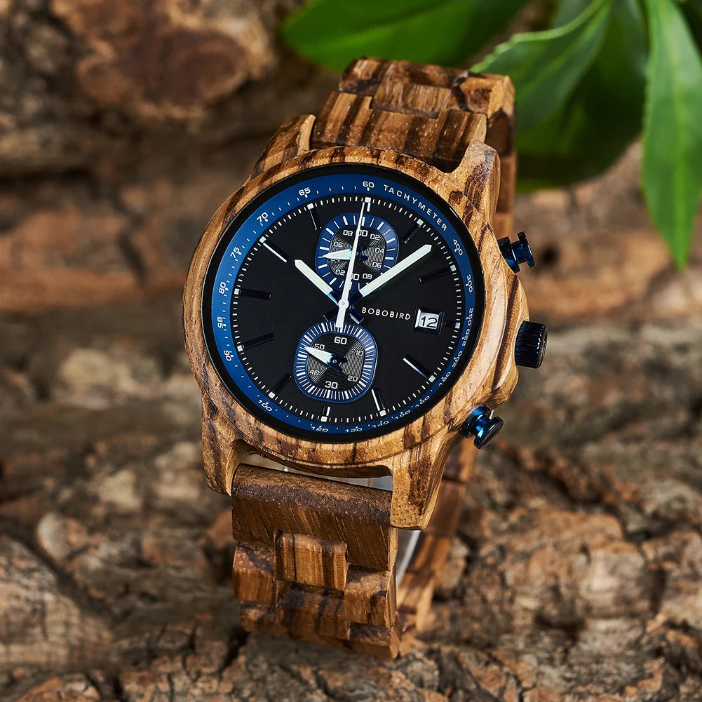 Bobo Bird Wood Watch For Men Luxury Chronograph Auto Date