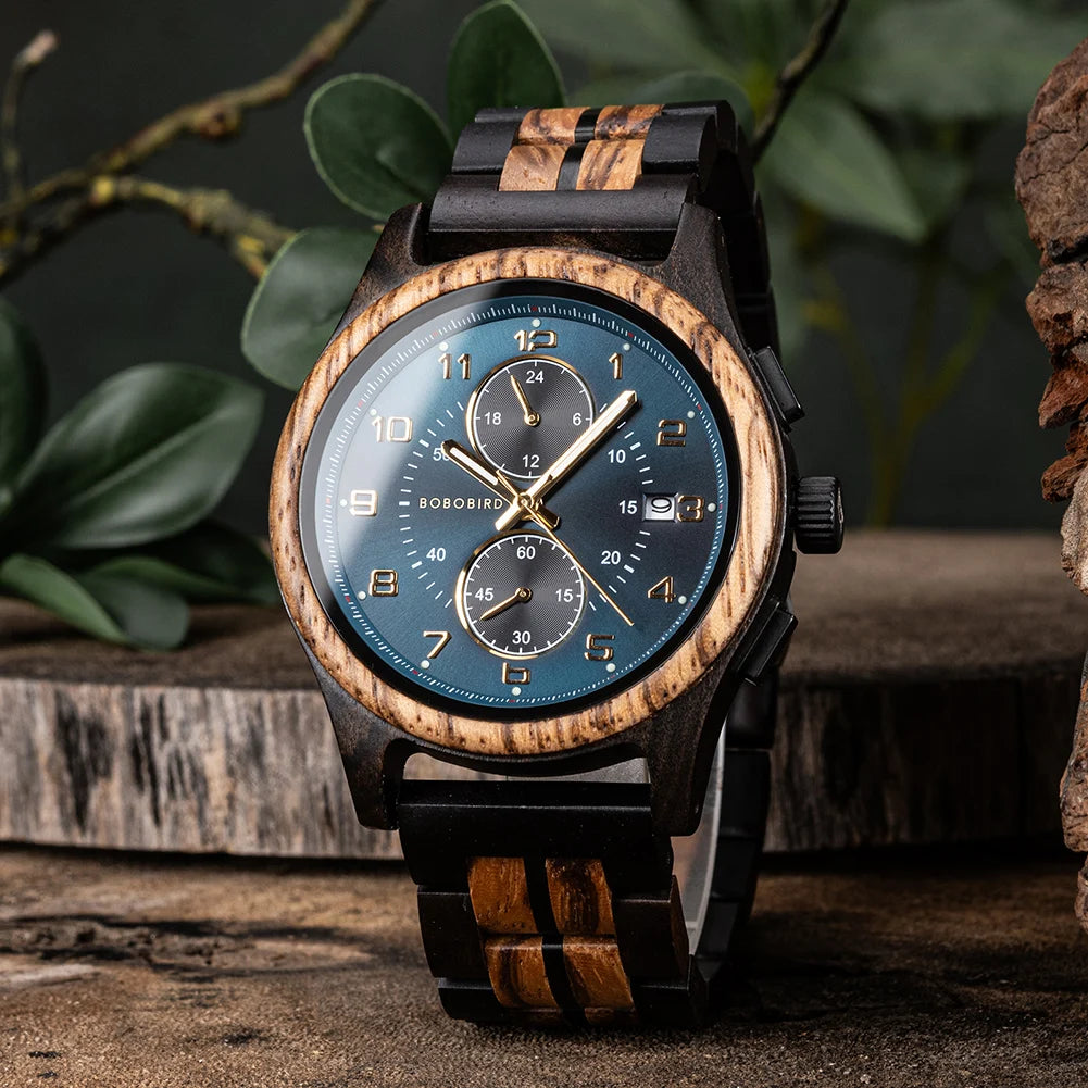 Bobo Bird Mens Wooden Chronograph Watch With Luminous Hands
