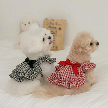 Spring Plaid Pet Dress With Bow For Small Dogs And Cats