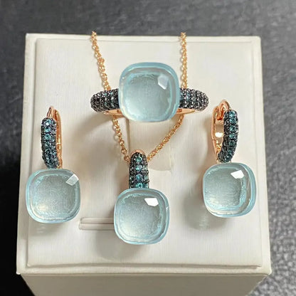 Gun Black Plated Blue Zircon Jewelry Set for Women Includes Ring Earrings Necklace Elegant Crystal Blue Topaz Gift