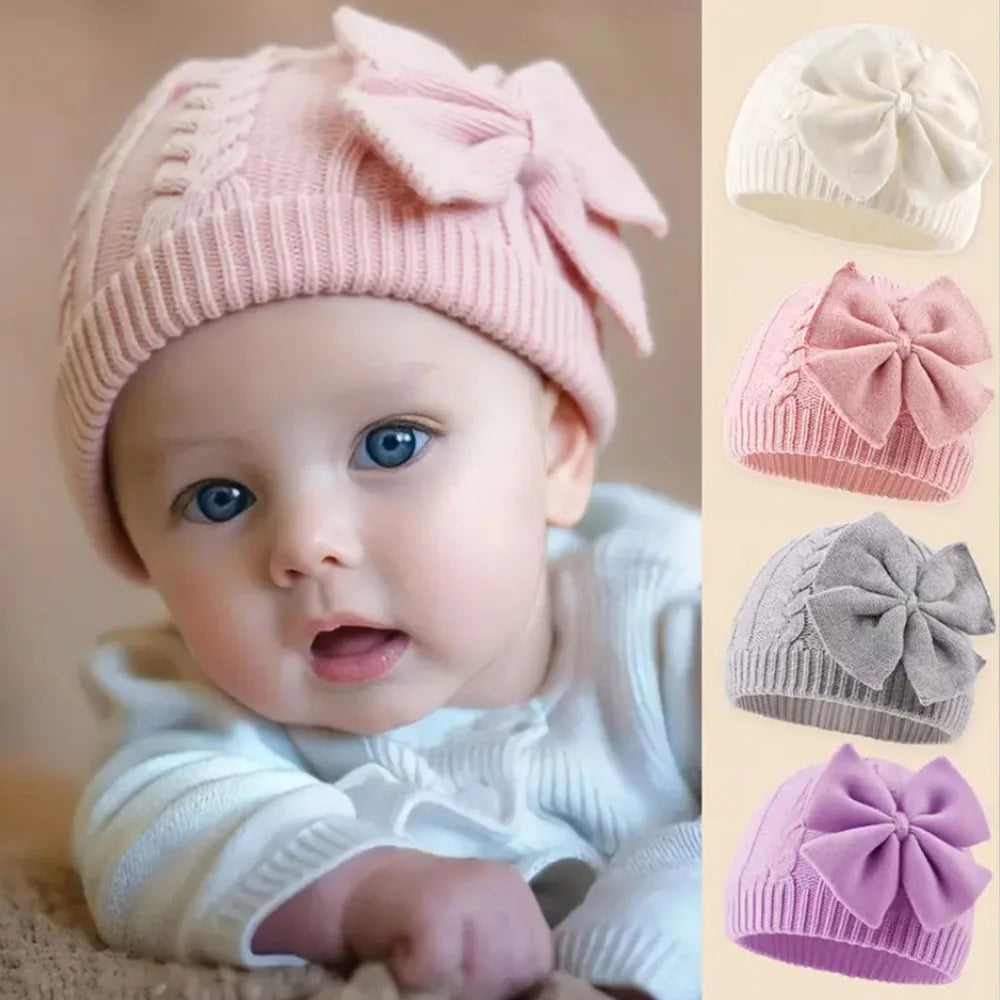 Baby Knit Hat With Large Bow For Girls And Boys Soft Stretchy Winter Beanie