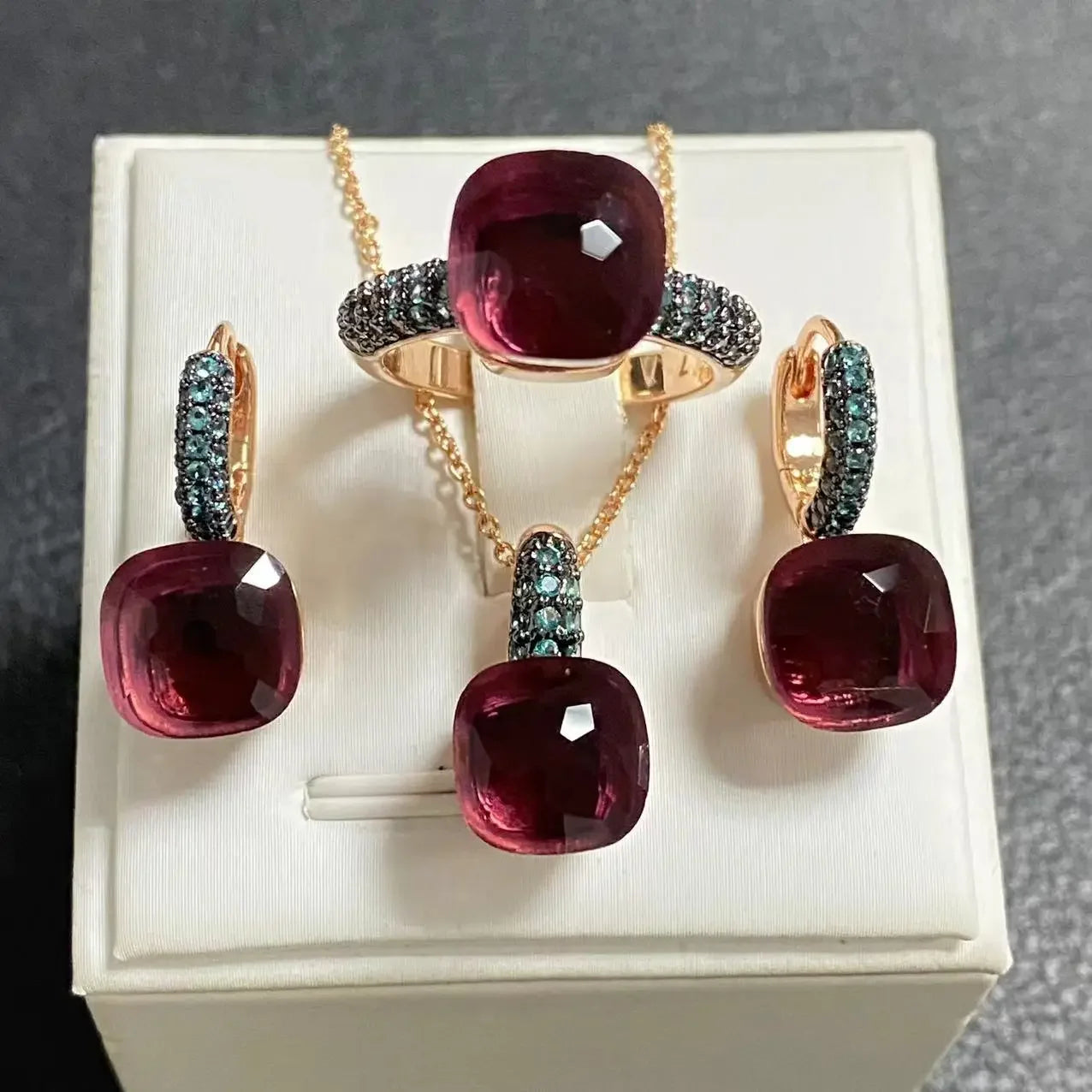 Gun Black Plated Blue Zircon Jewelry Set for Women Includes Ring Earrings Necklace Elegant Crystal Blue Topaz Gift