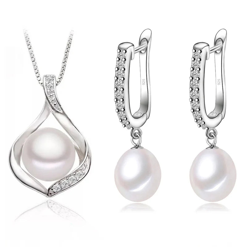 Real Natural Freshwater Pearl Necklace and Earrings Set for Women 925 Sterling Silver White Pearl Jewelry Gift
