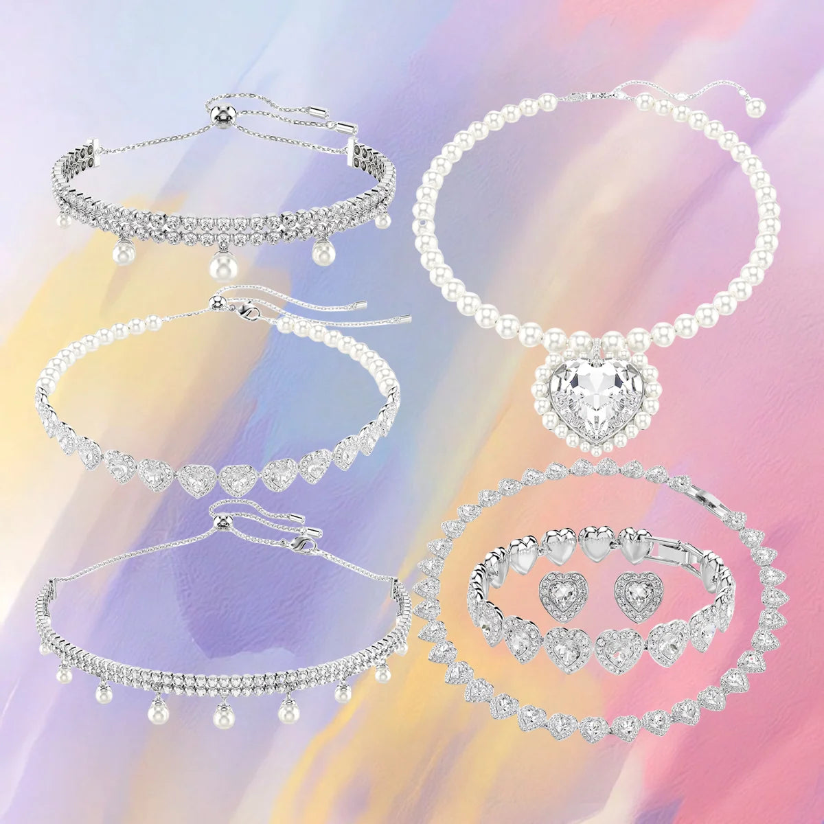 Elegant Heart Shaped Jewelry Set Necklace Earrings Bracelet With Zircon Stones And Pearls For Special Occasions