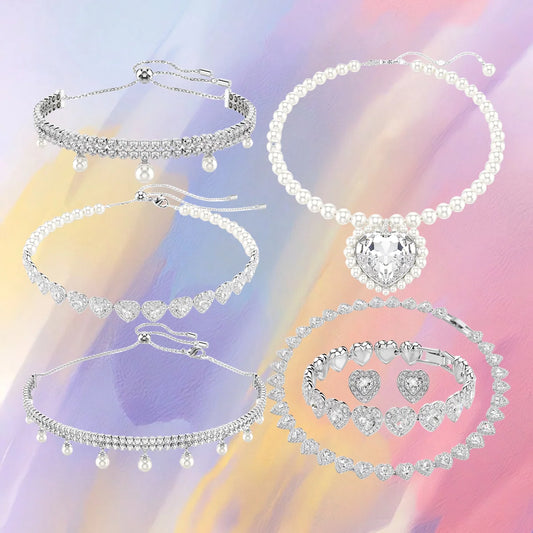 Elegant Heart Shaped Jewelry Set Necklace Earrings Bracelet With Zircon Stones And Pearls For Special Occasions