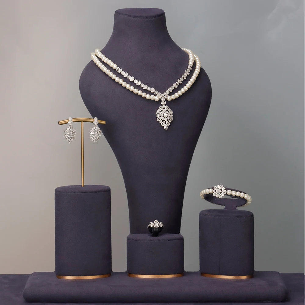 Gorgeous Double Layered Pearl Necklace 4 Piece Cubic Zirconia Jewelry Set For Women Wedding Bridal Choker Accessories