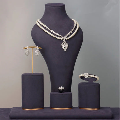Gorgeous Double Layered Pearl Necklace 4 Piece Cubic Zirconia Jewelry Set For Women Wedding Bridal Choker Accessories