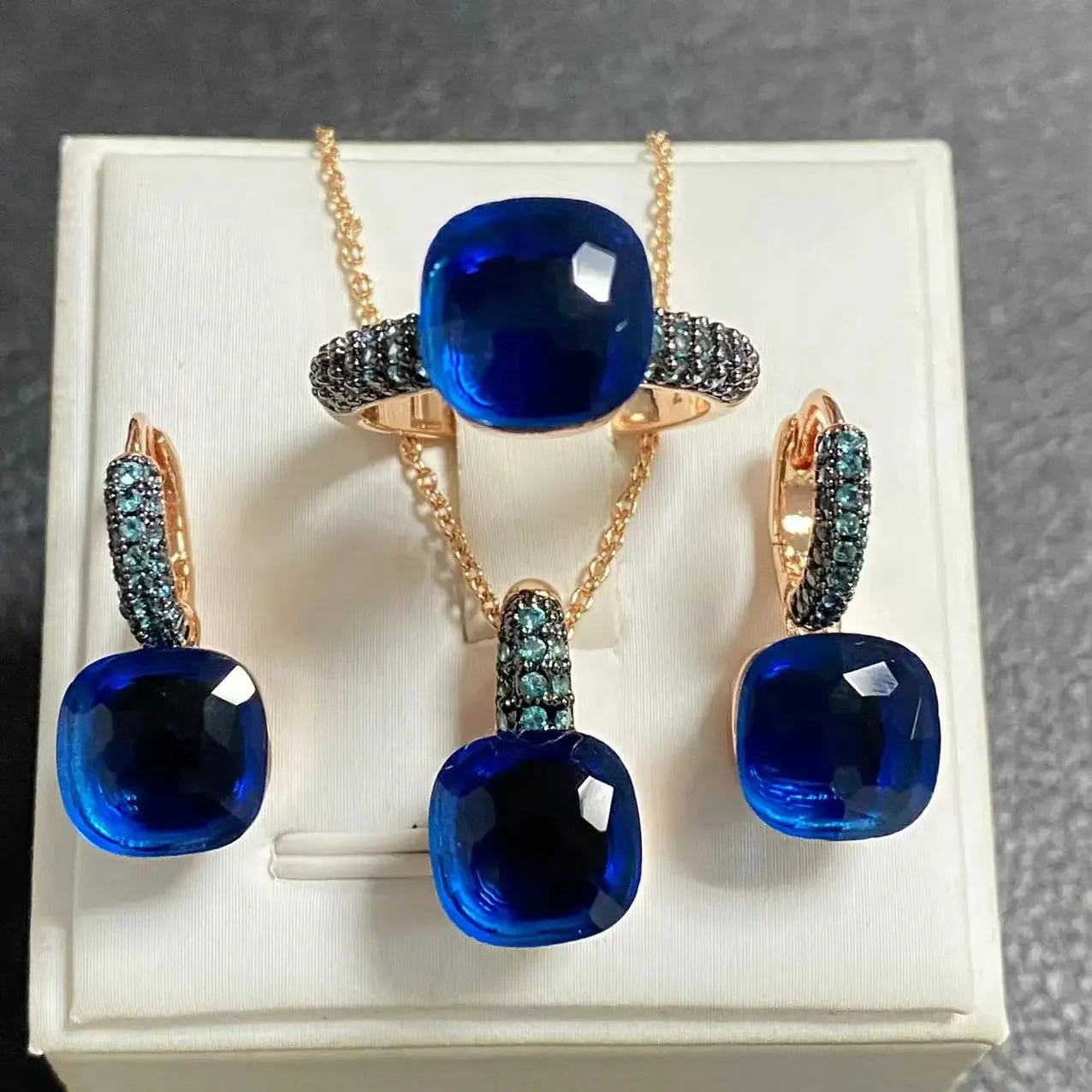 Gun Black Plated Blue Zircon Jewelry Set for Women Includes Ring Earrings Necklace Elegant Crystal Blue Topaz Gift