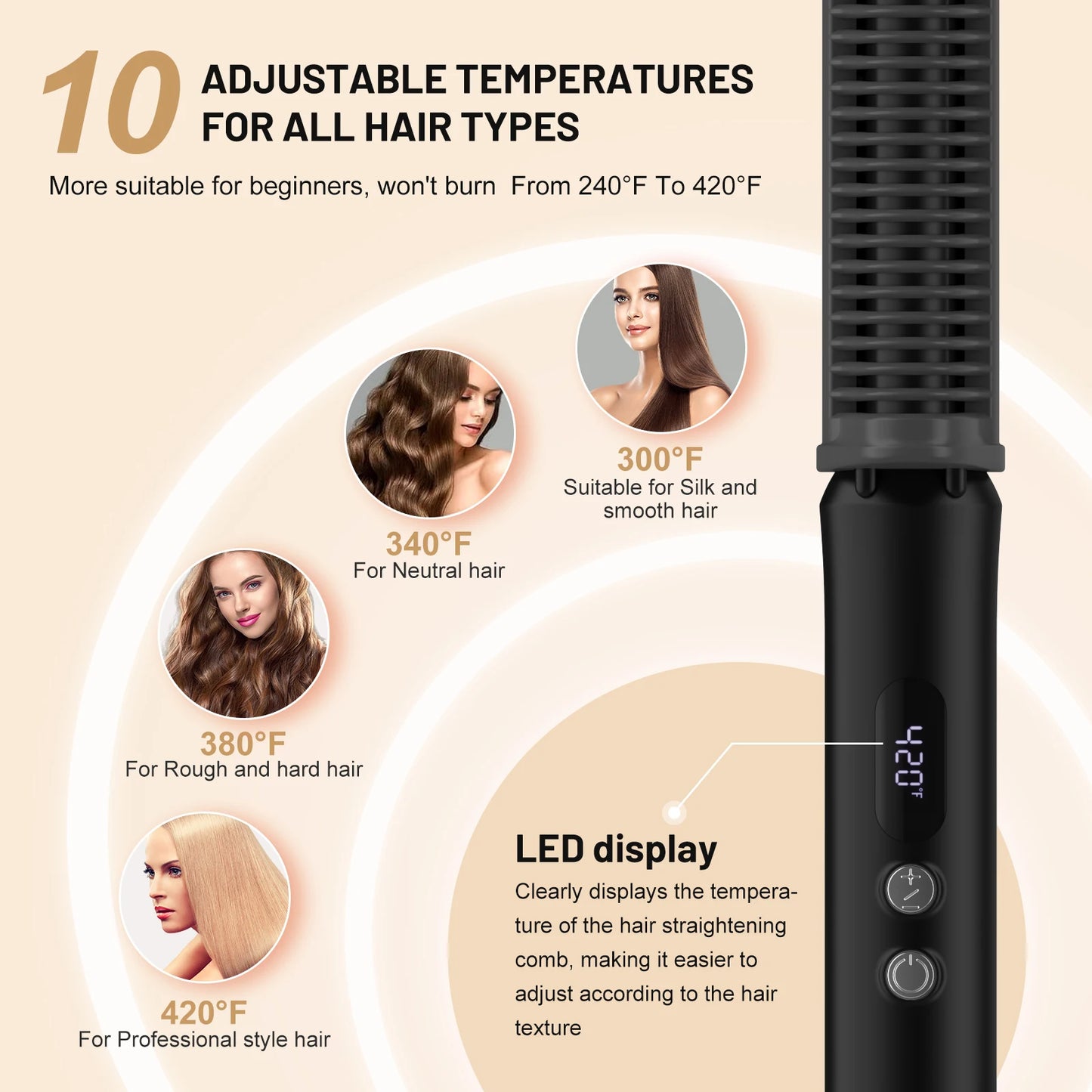 Hair Straightening Comb 240 to 420 F Negative Ion Ceramic Heating 360 Rotating