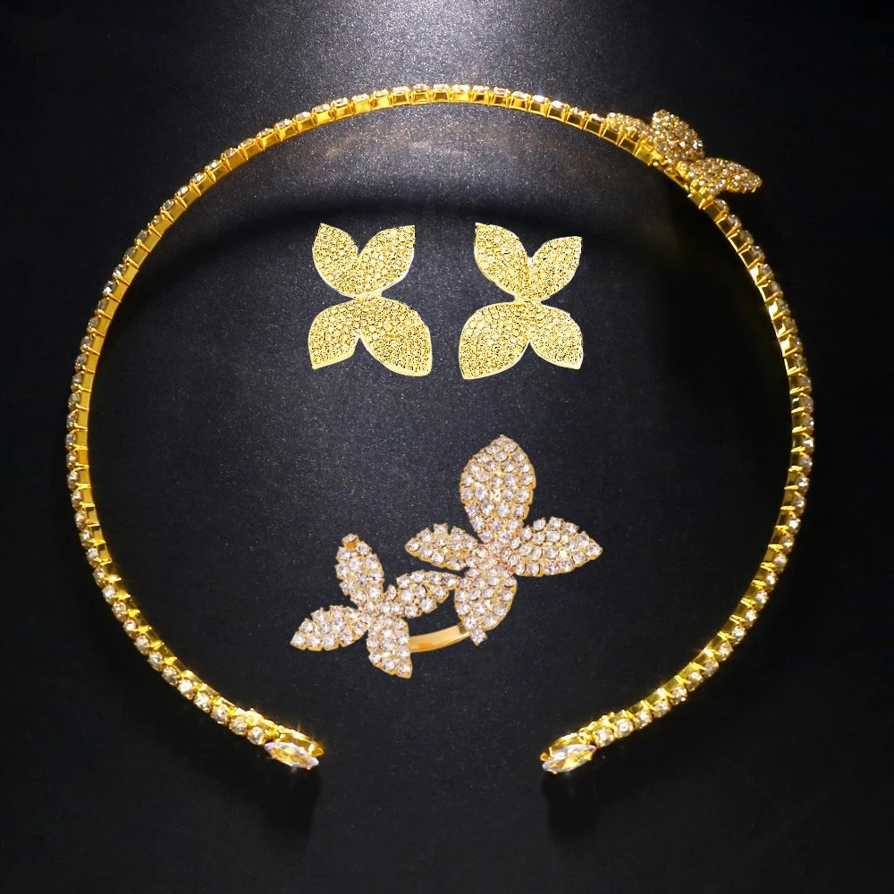 4 Piece Butterfly Flower Collar Necklace Earring Ring Set Rhinestone Jewelry For Women Bridal Open Choker Wedding