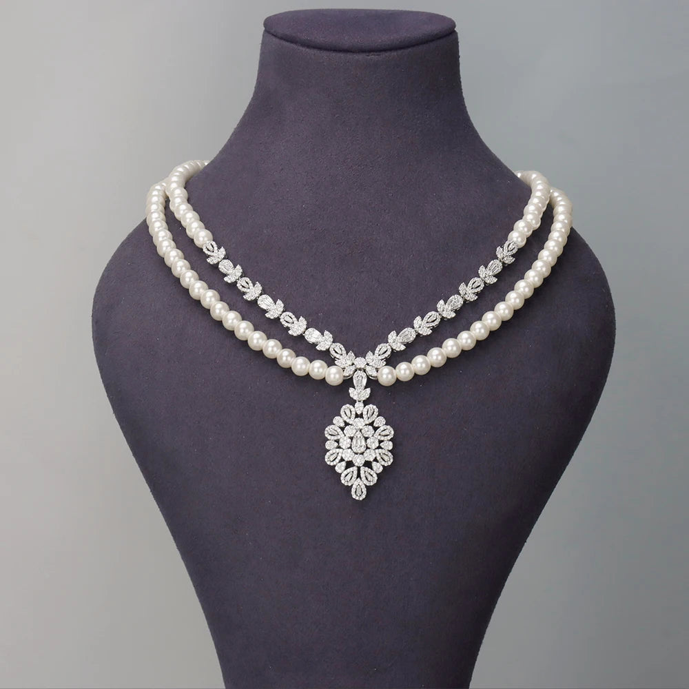 Gorgeous Double Layered Pearl Necklace 4 Piece Cubic Zirconia Jewelry Set For Women Wedding Bridal Choker Accessories