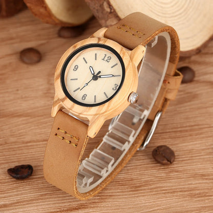 Brown Leather Wooden Watch Elegant Womens Quartz Timepiece