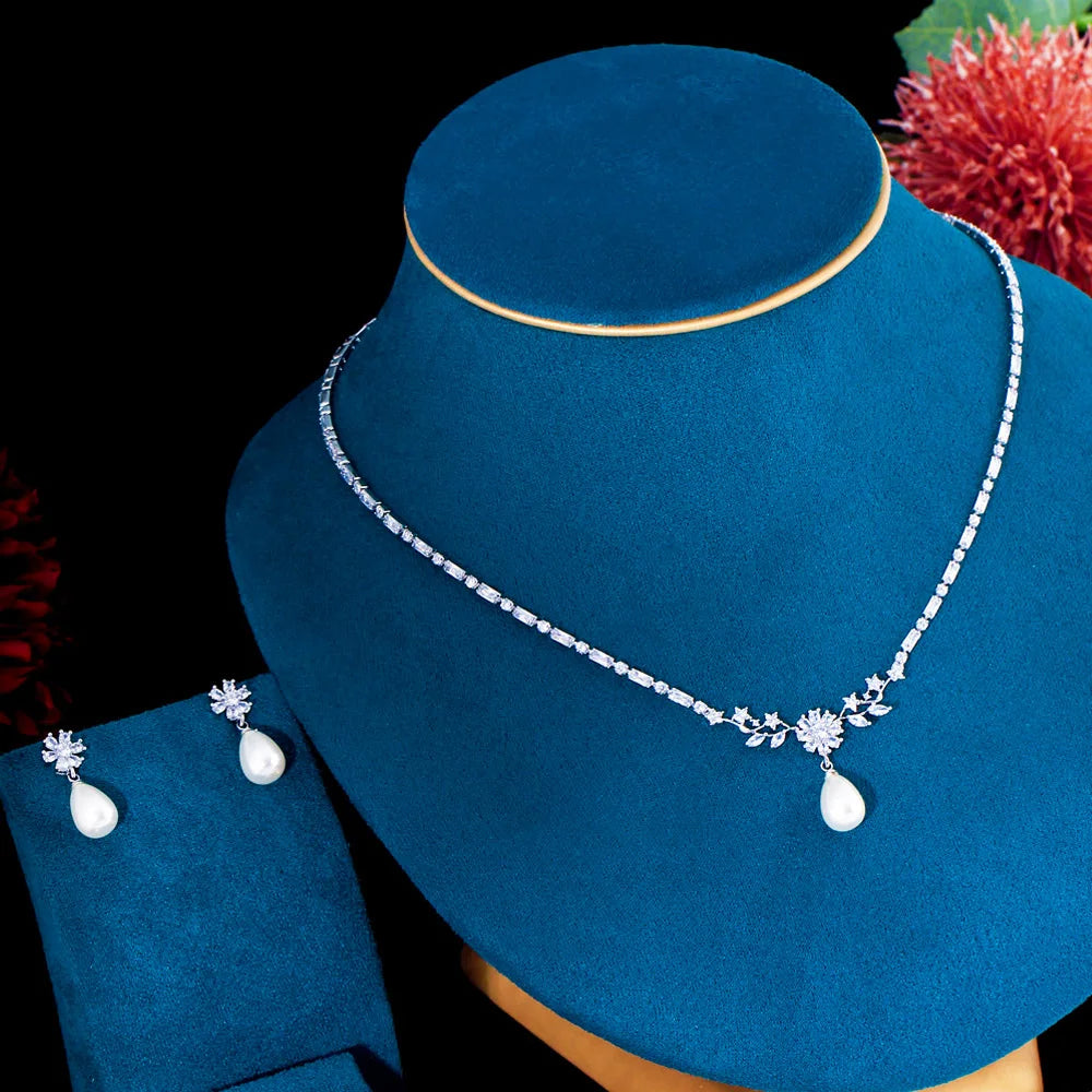 Pera Elegant Flower Pearl Drop Pendant Necklace And Earrings Jewelry Set Cubic Zirconia For Women J071