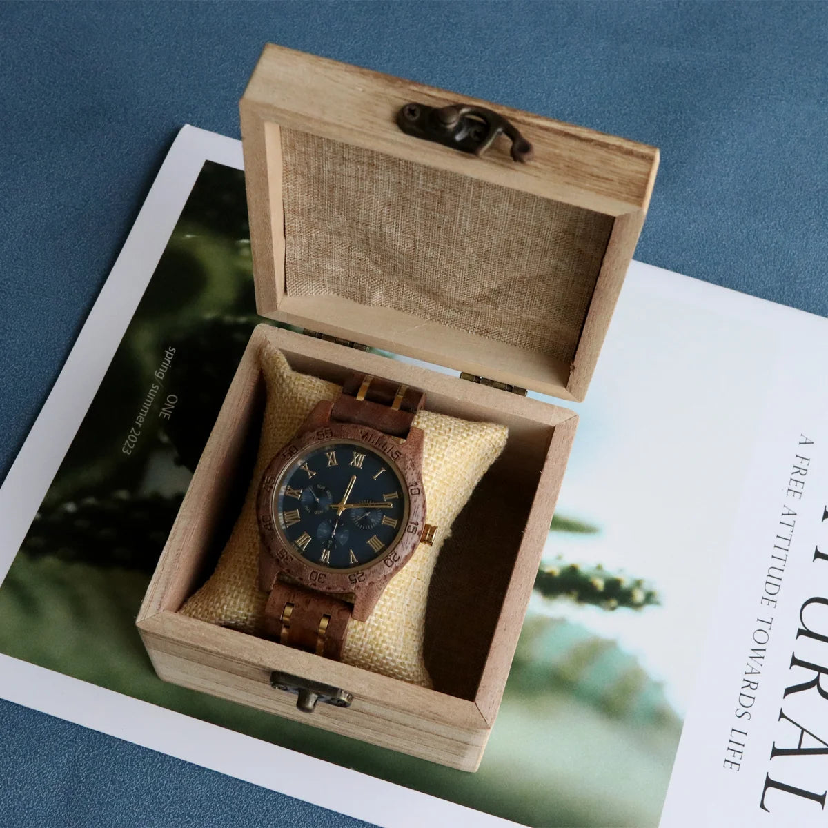 Wooden Wristwatch For Men Quartz Date Week Timepiece Box