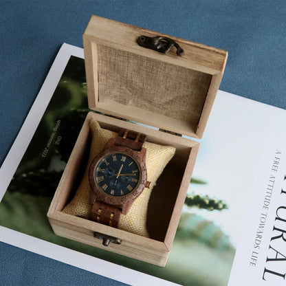 Wooden Wristwatch For Men Quartz Date Week Timepiece Box