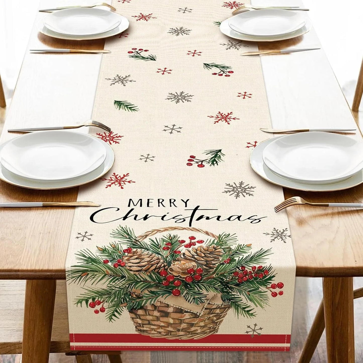 Festive Christmas Table Flag With Pine Cones And Berries For Holiday Dining