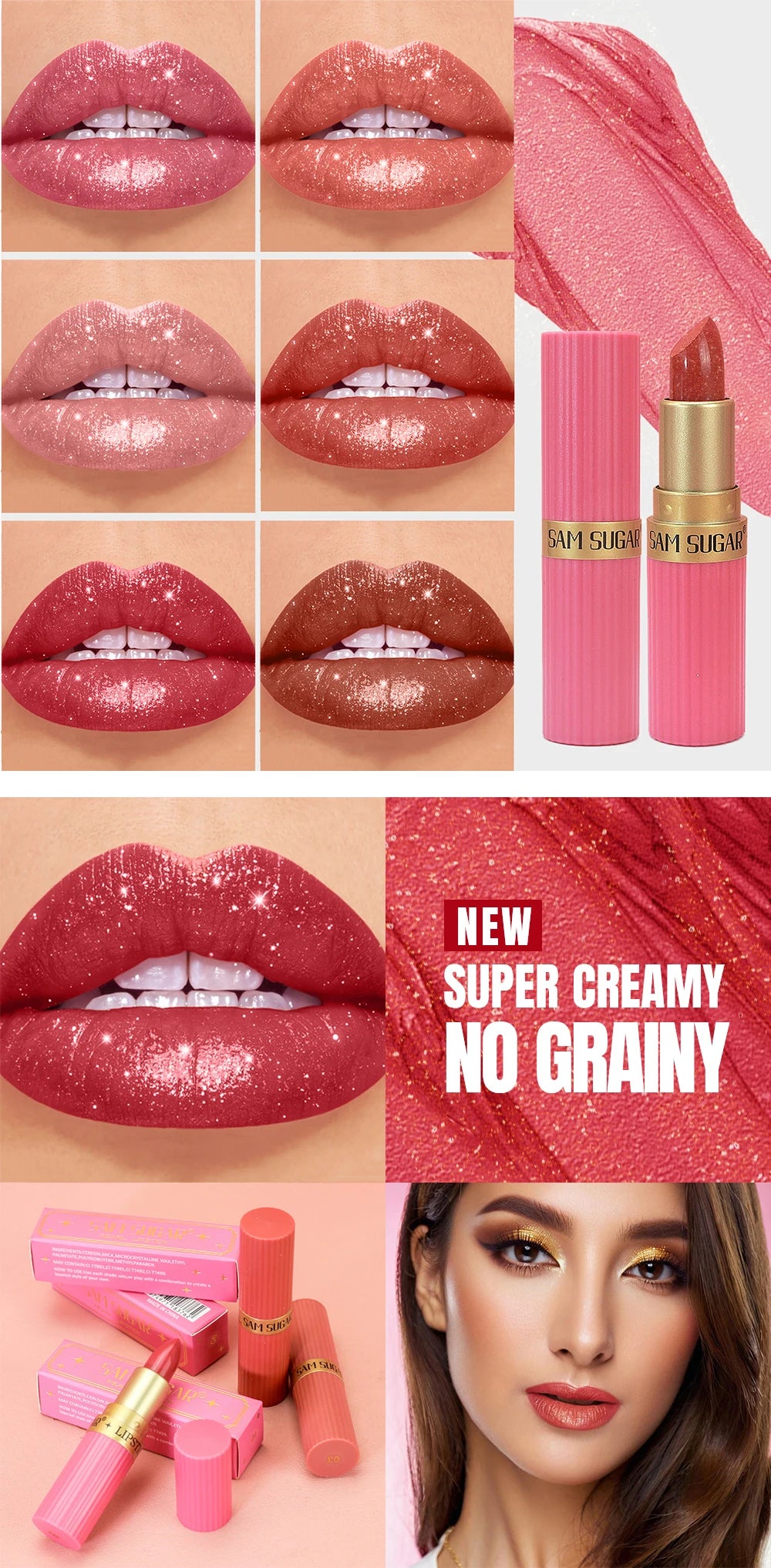 Pearlescent Pink Glitter Velvet Lipstick Waterproof Long Lasting Matte Lip Color