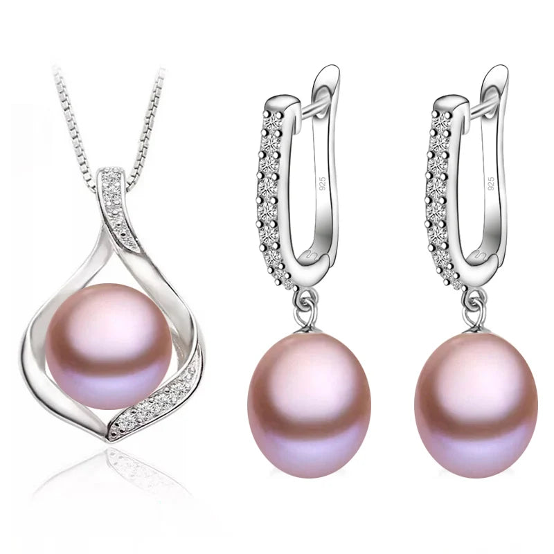 Real Natural Freshwater Pearl Necklace and Earrings Set for Women 925 Sterling Silver White Pearl Jewelry Gift