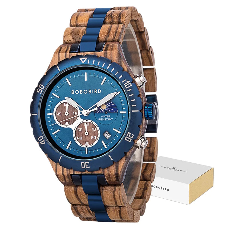 Bobo Bird Men Wooden Watch Sun Moon Display Luxury Elite