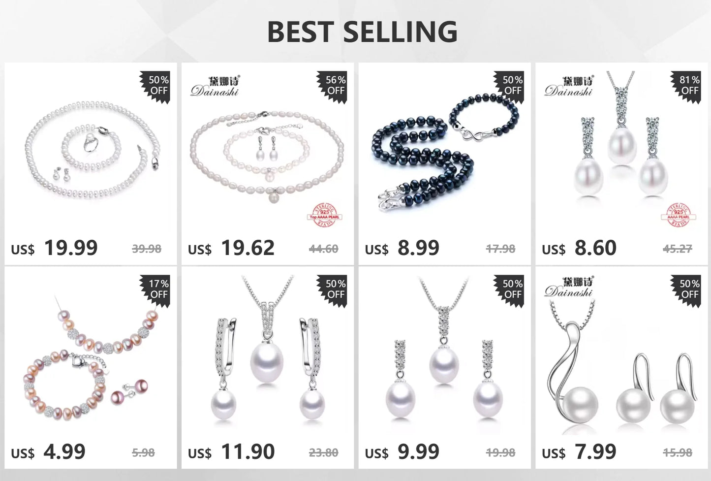 Dainashi 925 Sterling Silver Pearl Jewelry Set For Women Necklace Earrings Ring Bracelet 7 To 8mm Freshwater White