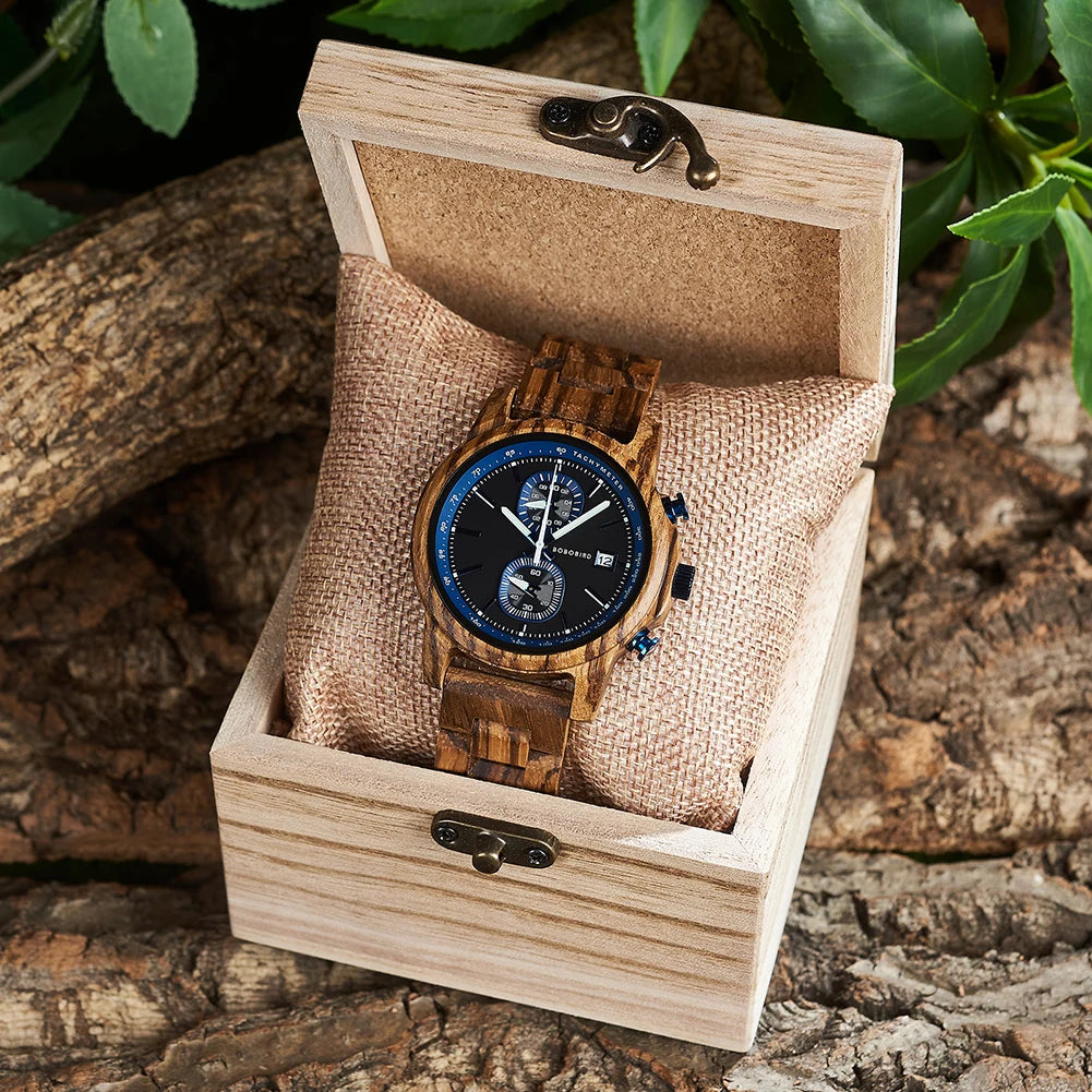 Bobo Bird Wood Watch For Men Luxury Chronograph Auto Date