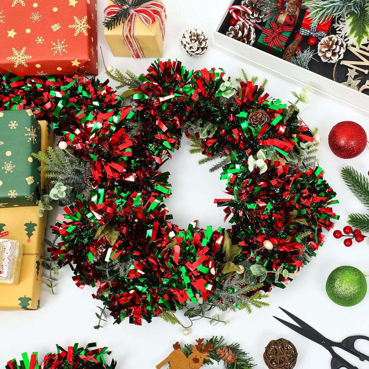 Christmas Tinsel Garlands 50M Red Green Decoration for Bar Tops Wreath Tree