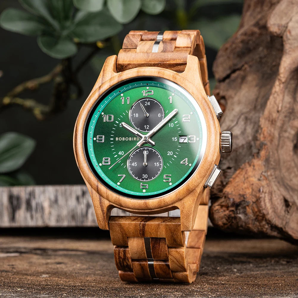Bobo Bird Mens Wooden Chronograph Watch With Luminous Hands