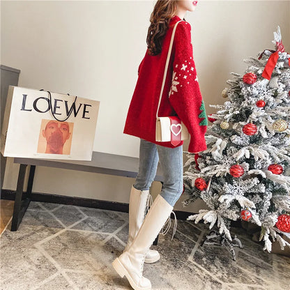 Korean Thickened Color Block Christmas Sweater Women Hoodie Loose Round Neck