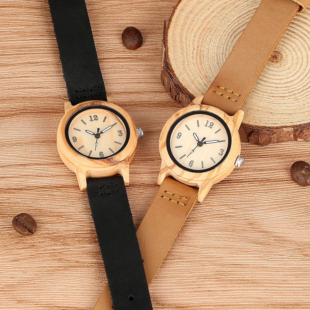 Brown Leather Wooden Watch Elegant Womens Quartz Timepiece