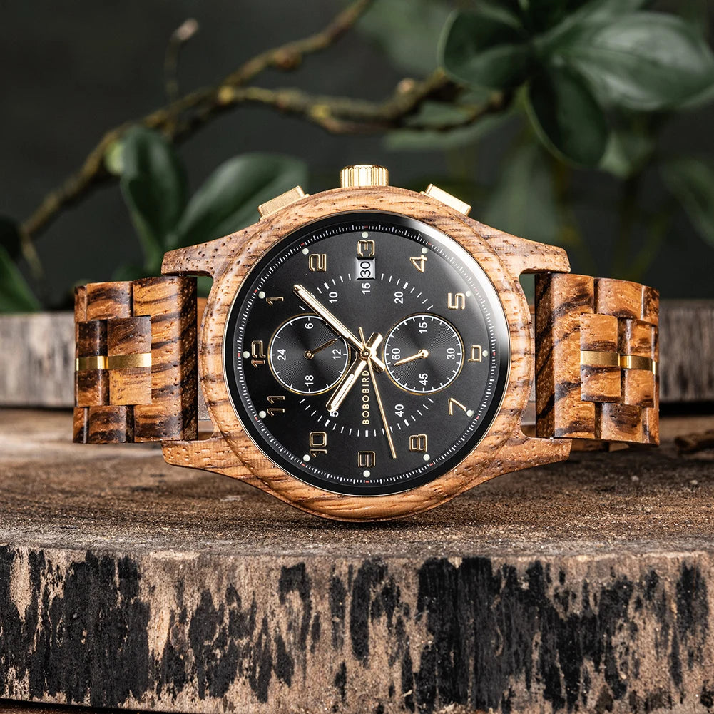 Bobo Bird Mens Wooden Chronograph Watch With Luminous Hands