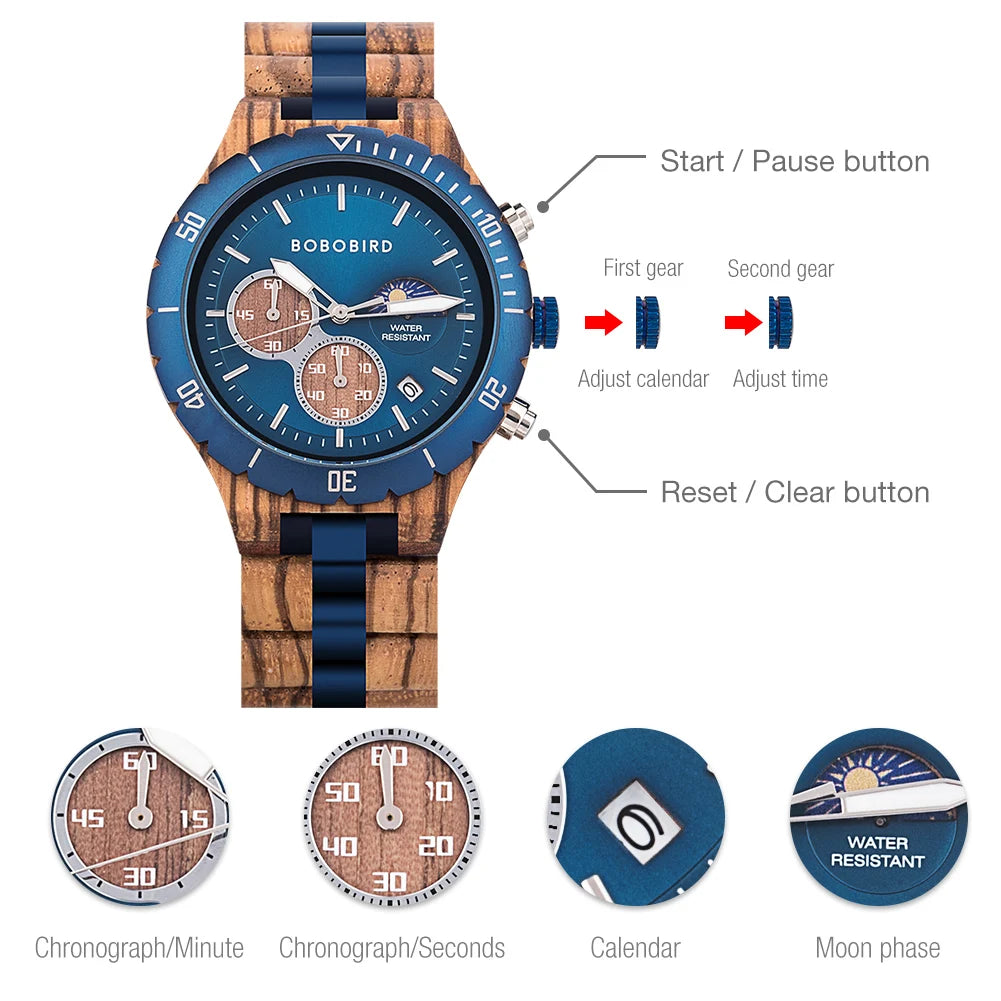 BOBO BIRD Wood Watch Men Chronograph Quartz Timepiece