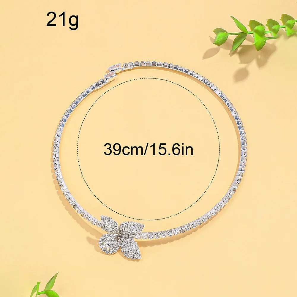 4 Piece Butterfly Flower Collar Necklace Earring Ring Set Rhinestone Jewelry For Women Bridal Open Choker Wedding