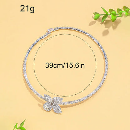 4 Piece Butterfly Flower Collar Necklace Earring Ring Set Rhinestone Jewelry For Women Bridal Open Choker Wedding