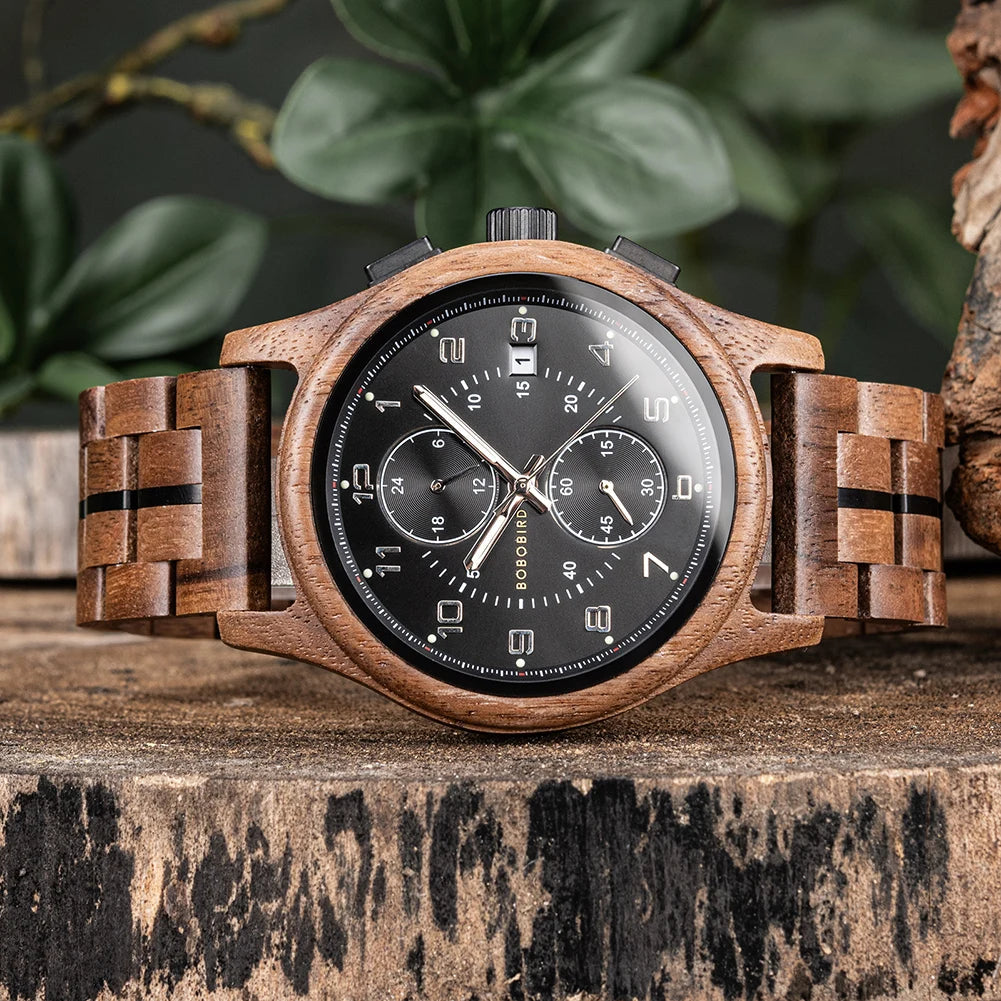 Bobo Bird Mens Wooden Chronograph Watch With Luminous Hands