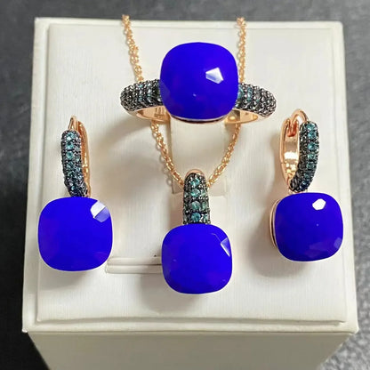 Gun Black Plated Blue Zircon Jewelry Set for Women Includes Ring Earrings Necklace Elegant Crystal Blue Topaz Gift