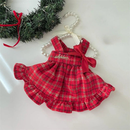 Autumn Winter Embroidered Strap Plaid Bow Skirt And Coat For Small Medium Dogs