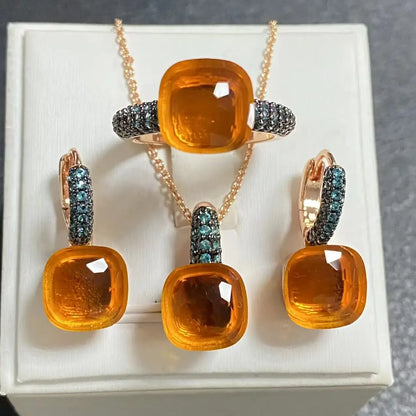 Gun Black Plated Blue Zircon Jewelry Set for Women Includes Ring Earrings Necklace Elegant Crystal Blue Topaz Gift