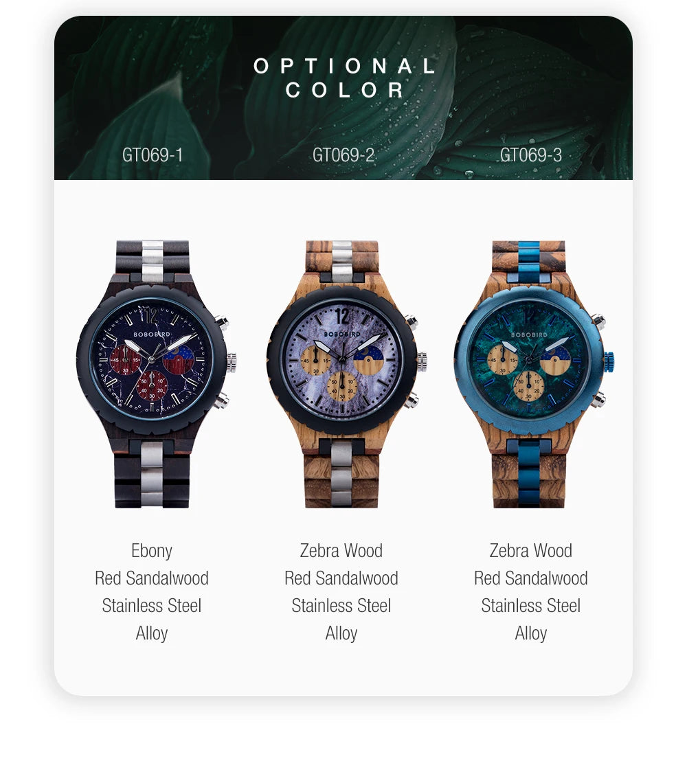 BOBO BIRD Wood Watch Men Chronograph Quartz Timepiece