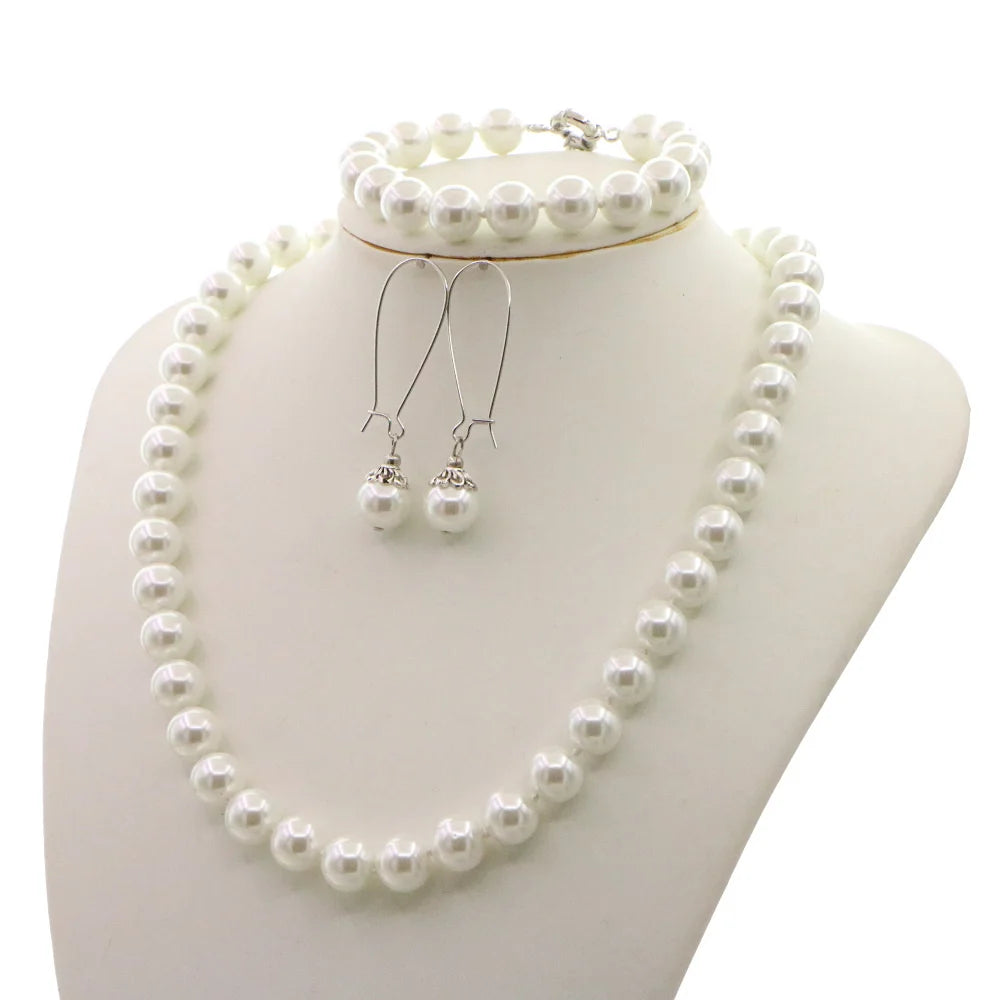 Pearl Necklace Set For Women 10mm White Round Shell Pearl Beads Necklace Bracelet Earrings Jewelry Gift Mothers Day