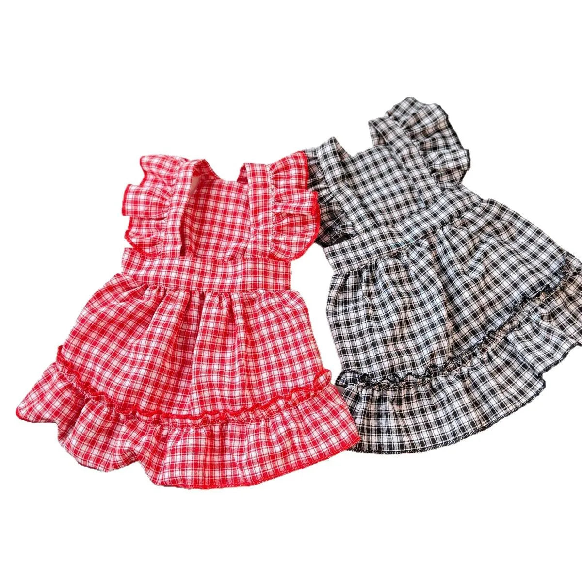 Plaid Spring Summer Dog Vest Red Skirt Flying Sleeve Clothes for Small Dogs