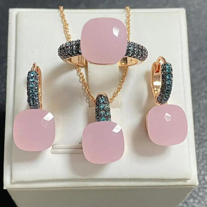 Gun Black Plated Blue Zircon Jewelry Set for Women Includes Ring Earrings Necklace Elegant Crystal Blue Topaz Gift